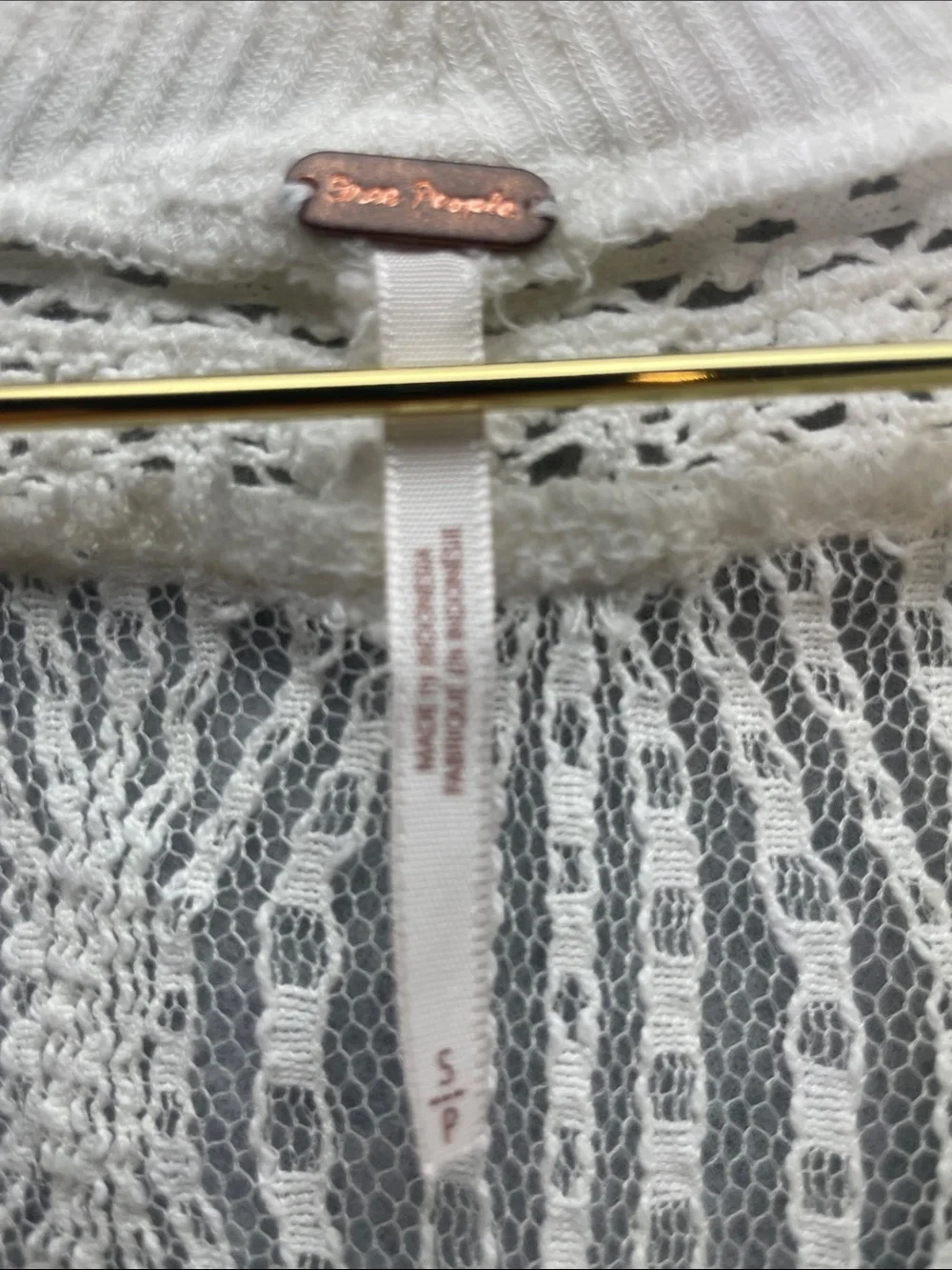 Free People Spring Valley Waffle Knit Lace  Neckline Long Sleeve Top